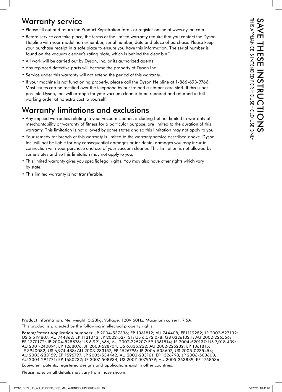 Warranty service, Warranty limitations and exclusions | DYSON DC 24 User Manual | Page 13 / 20