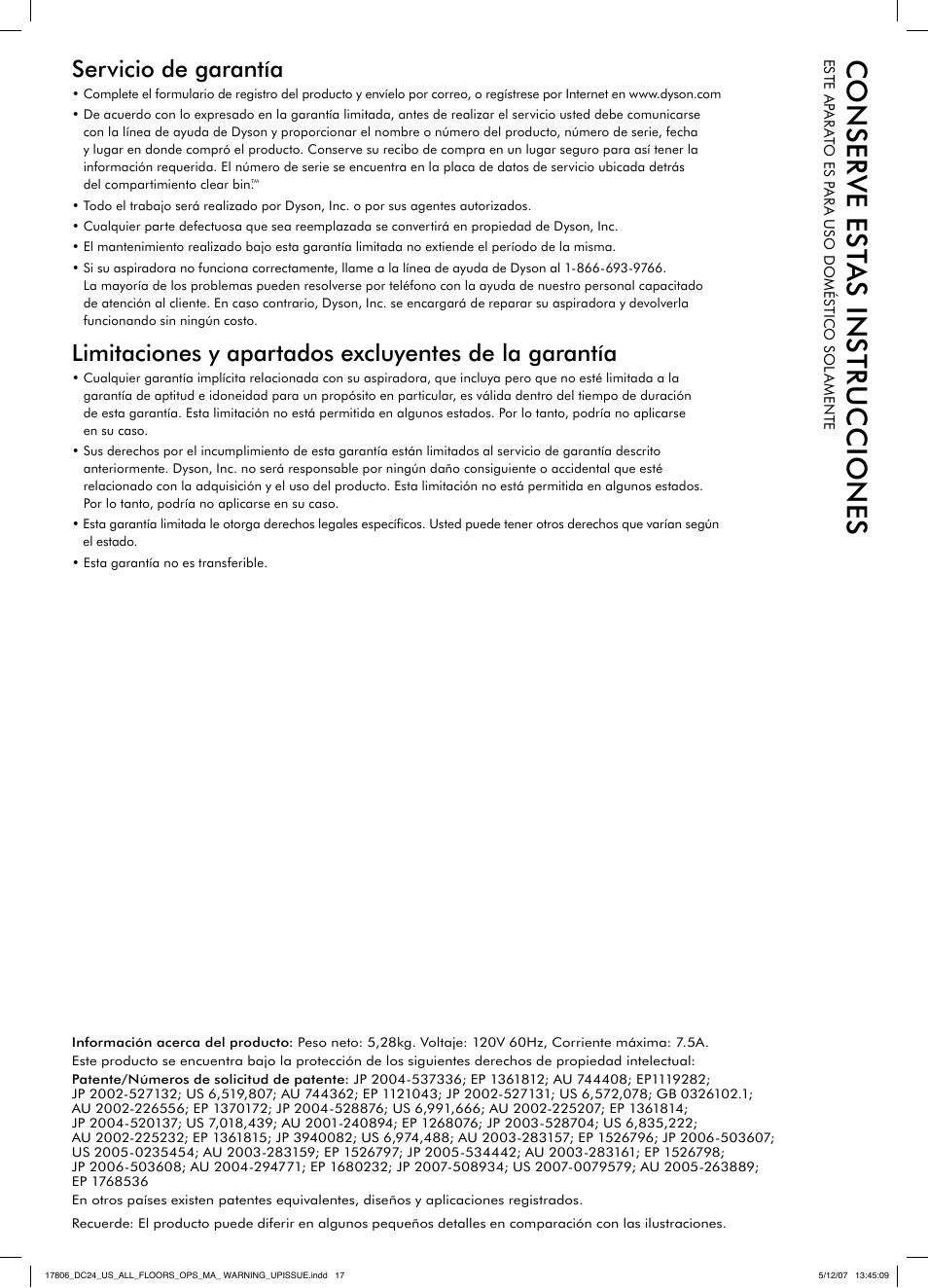 Servicio de garantía | DYSON DC 24 User Manual | Page 17 / 20
