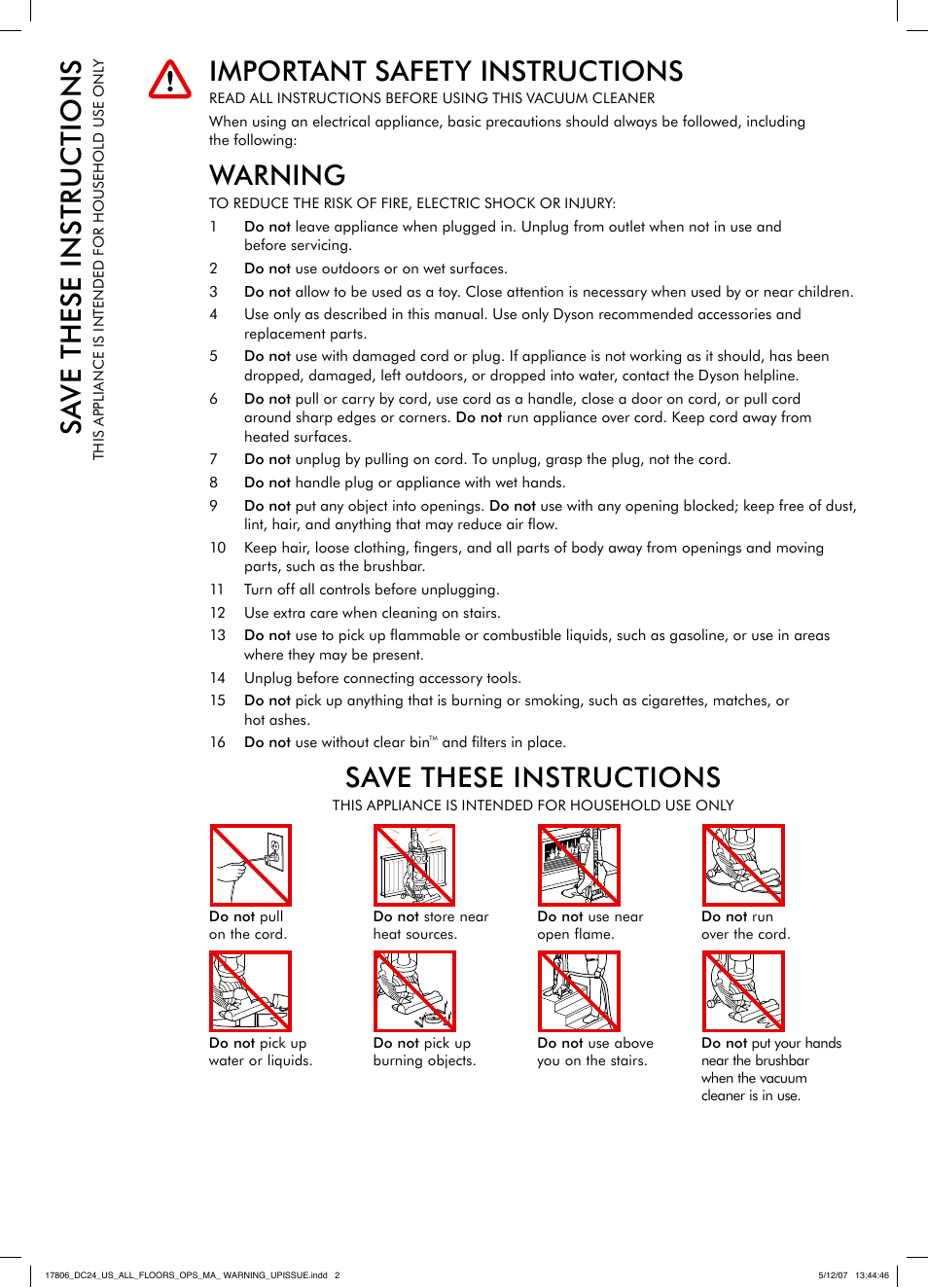 Important safety instructions, Warning, Save these instructions | DYSON DC 24 User Manual | Page 2 / 20