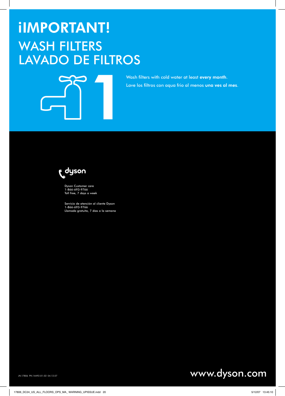 Important, Wash filters lavado de filtros | DYSON DC 24 User Manual | Page 20 / 20