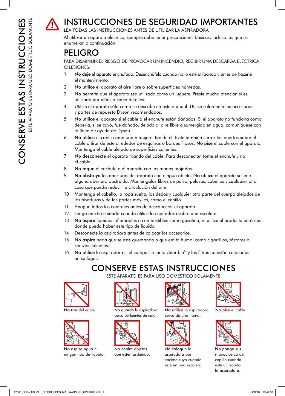 Instrucciones de seguridad importantes, Peligro, Conserve estas instrucciones | DYSON DC 24 User Manual | Page 4 / 20