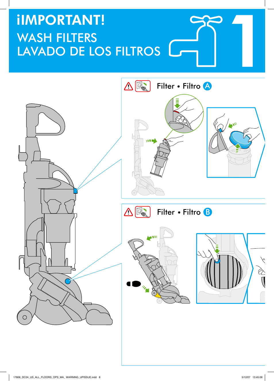 Important, Wash filters lavado de los filtros, Filter filtro a filter filtro b | DYSON DC 24 User Manual | Page 8 / 20