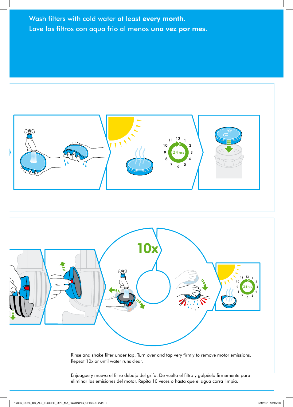 Important, Wash filters lavado de los filtros, Filter filtro a filter filtro b | DYSON DC 24 User Manual | Page 9 / 20