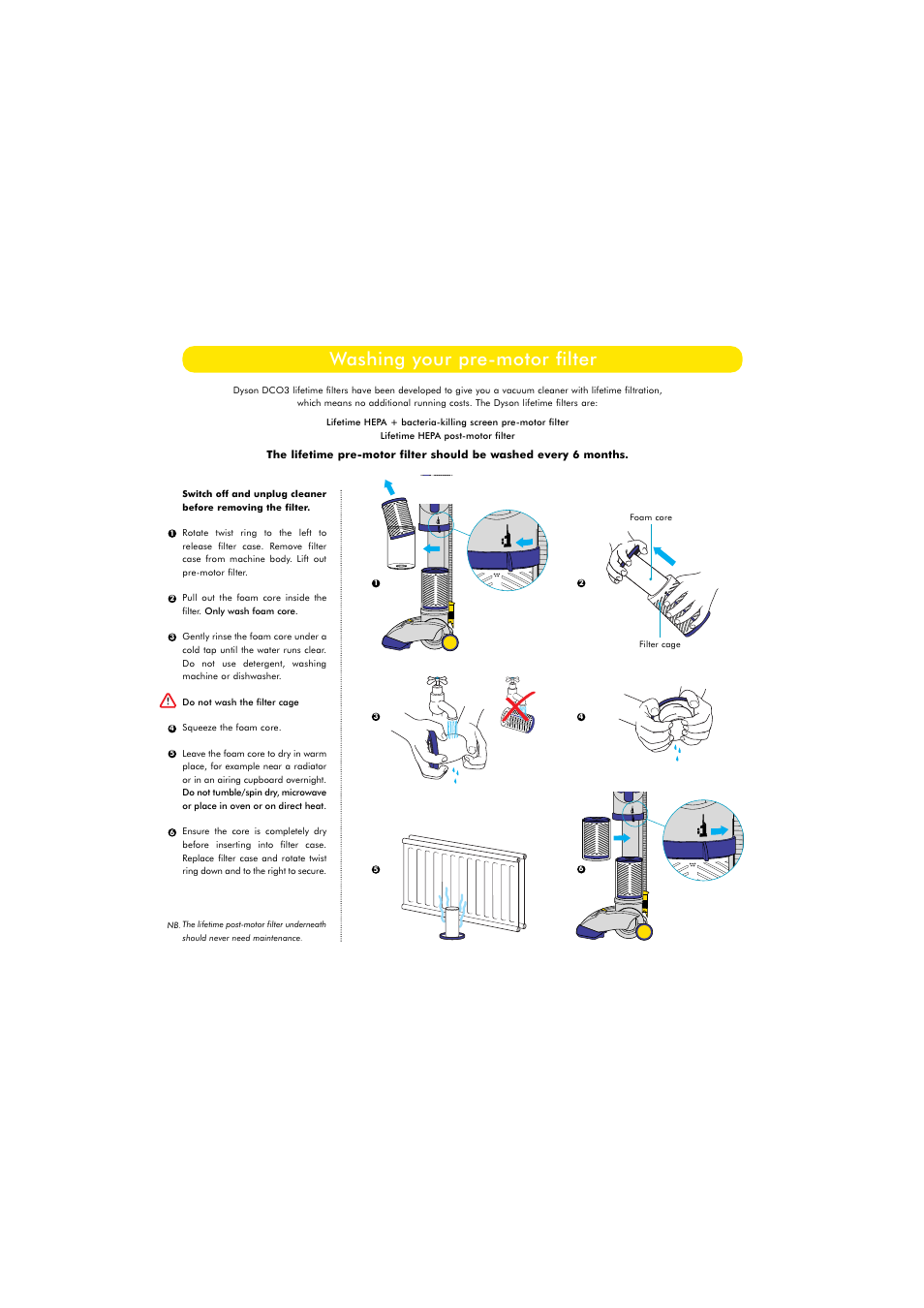 Washing your pre-motor filter | DYSON DCO3 User Manual | Page 5 / 6