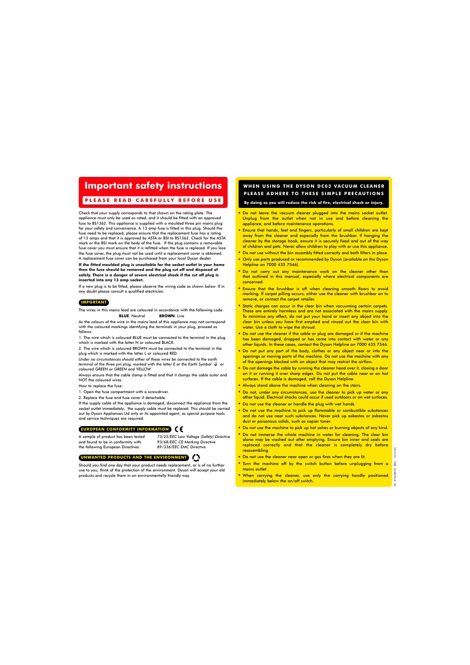 Important safety instructions | DYSON DCO3 User Manual | Page 6 / 6