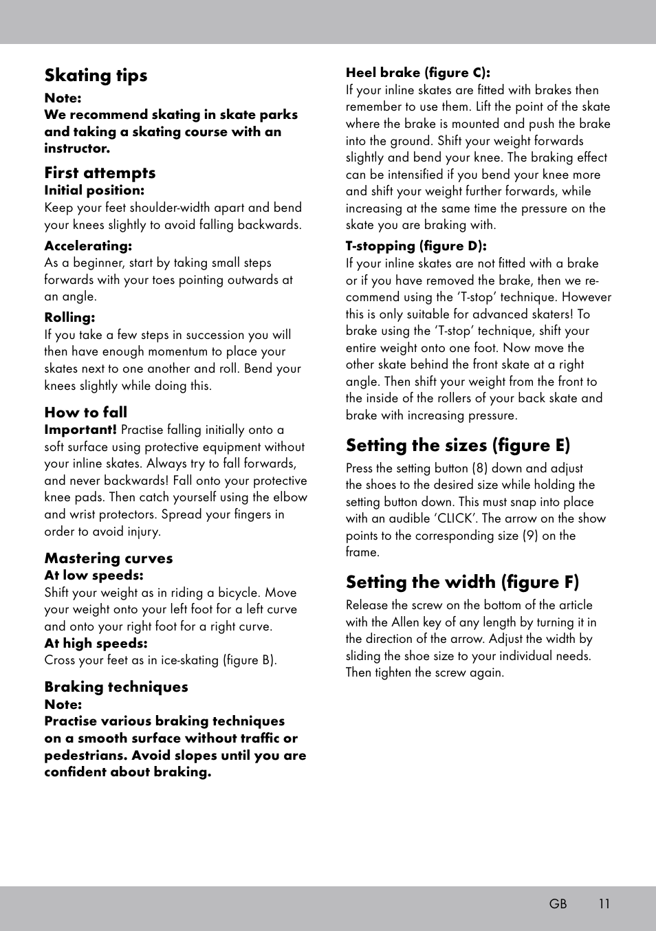 Setting the sizes (figure e), Setting the width (figure f), Skating tips | First attempts | Crivit KI-1740 User Manual | Page 11 / 28