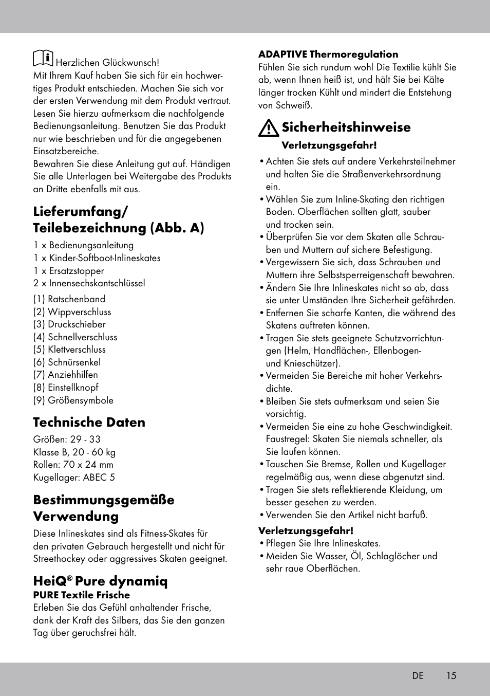 Lieferumfang/ teilebezeichnung (abb. a), Technische daten, Bestimmungsgemäße verwendung | Heiq, Pure dynamiq, Sicherheitshinweise | Crivit KI-1740 User Manual | Page 15 / 28