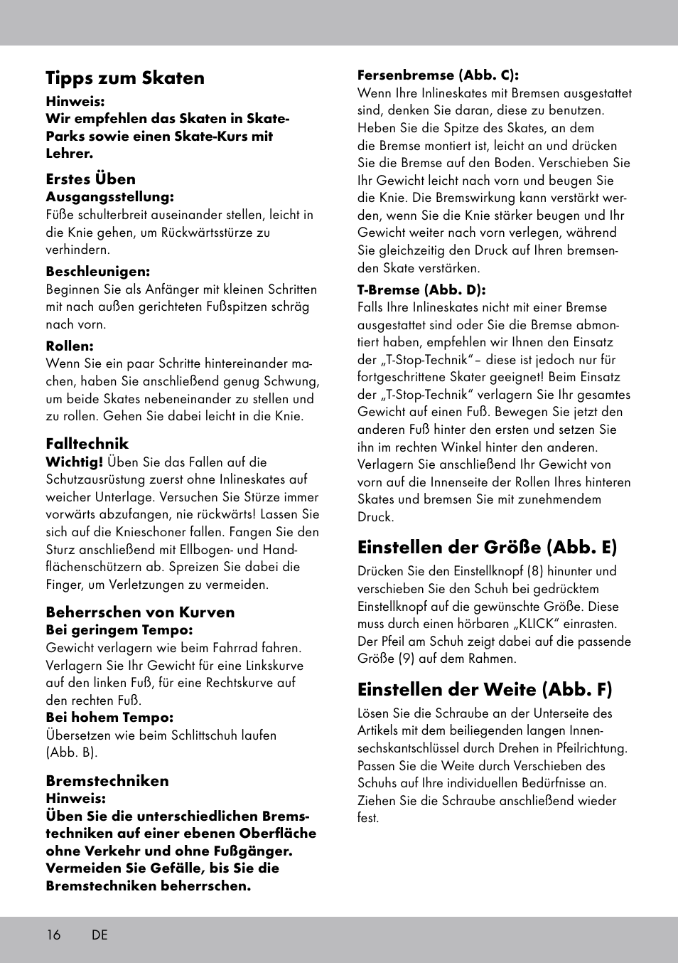 Einstellen der größe (abb. e), Einstellen der weite (abb. f), Tipps zum skaten | Crivit KI-1740 User Manual | Page 16 / 28