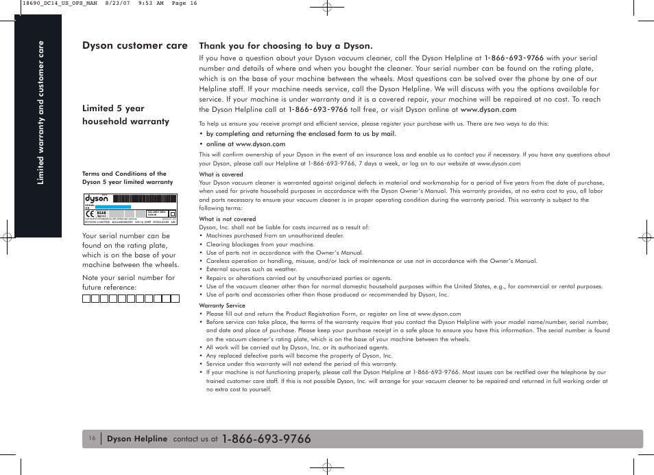 Dyson customer care, Limited 5 year household warranty | DYSON DC14 User Manual | Page 16 / 18