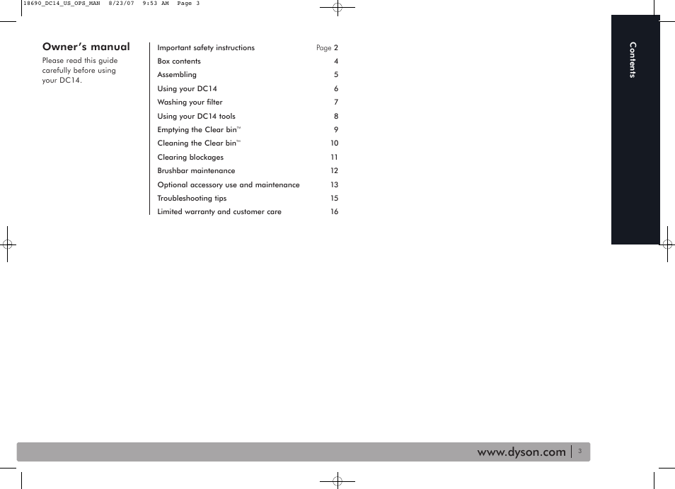 Owner’s manual | DYSON DC14 User Manual | Page 3 / 18