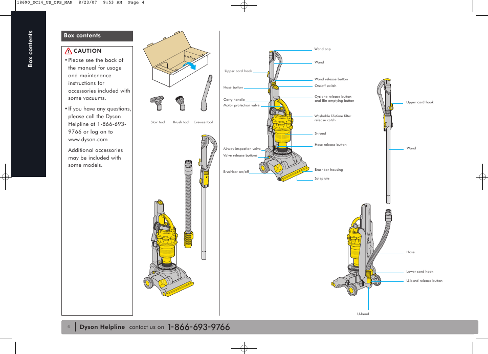 Dyson helpline contact us on, Box contents, Bo x contents | DYSON DC14 User Manual | Page 4 / 18