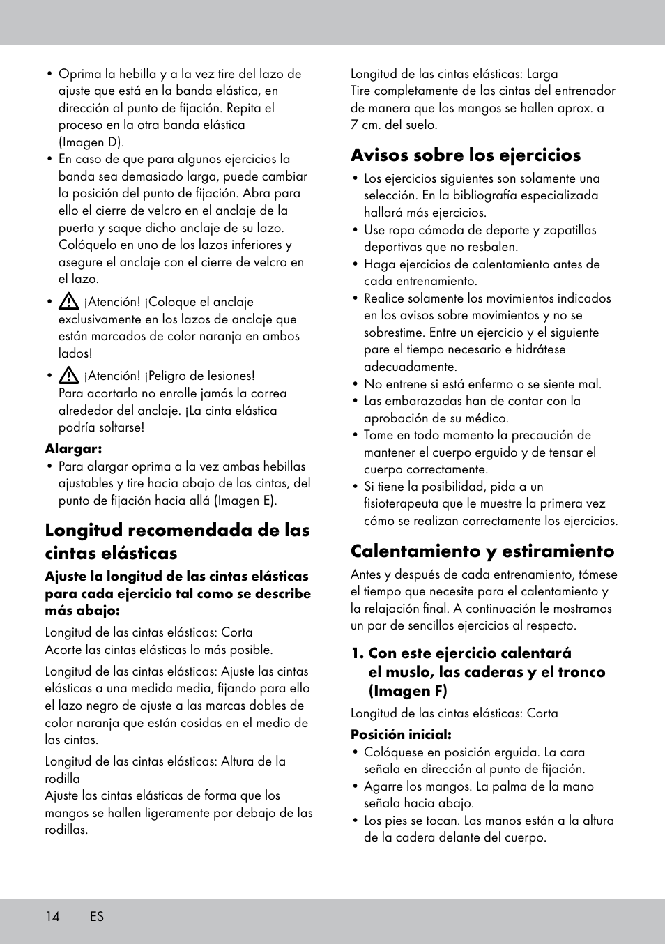 Longitud recomendada de las cintas elásticas, Avisos sobre los ejercicios, Calentamiento y estiramiento | Crivit ST-1744 User Manual | Page 14 / 44