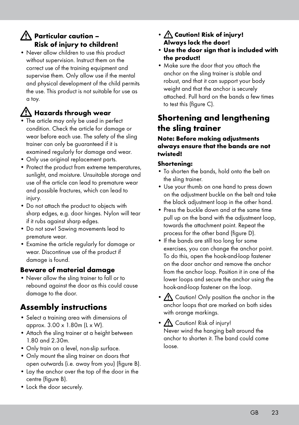 Assembly instructions, Shortening and lengthening the sling trainer | Crivit ST-1744 User Manual | Page 23 / 44