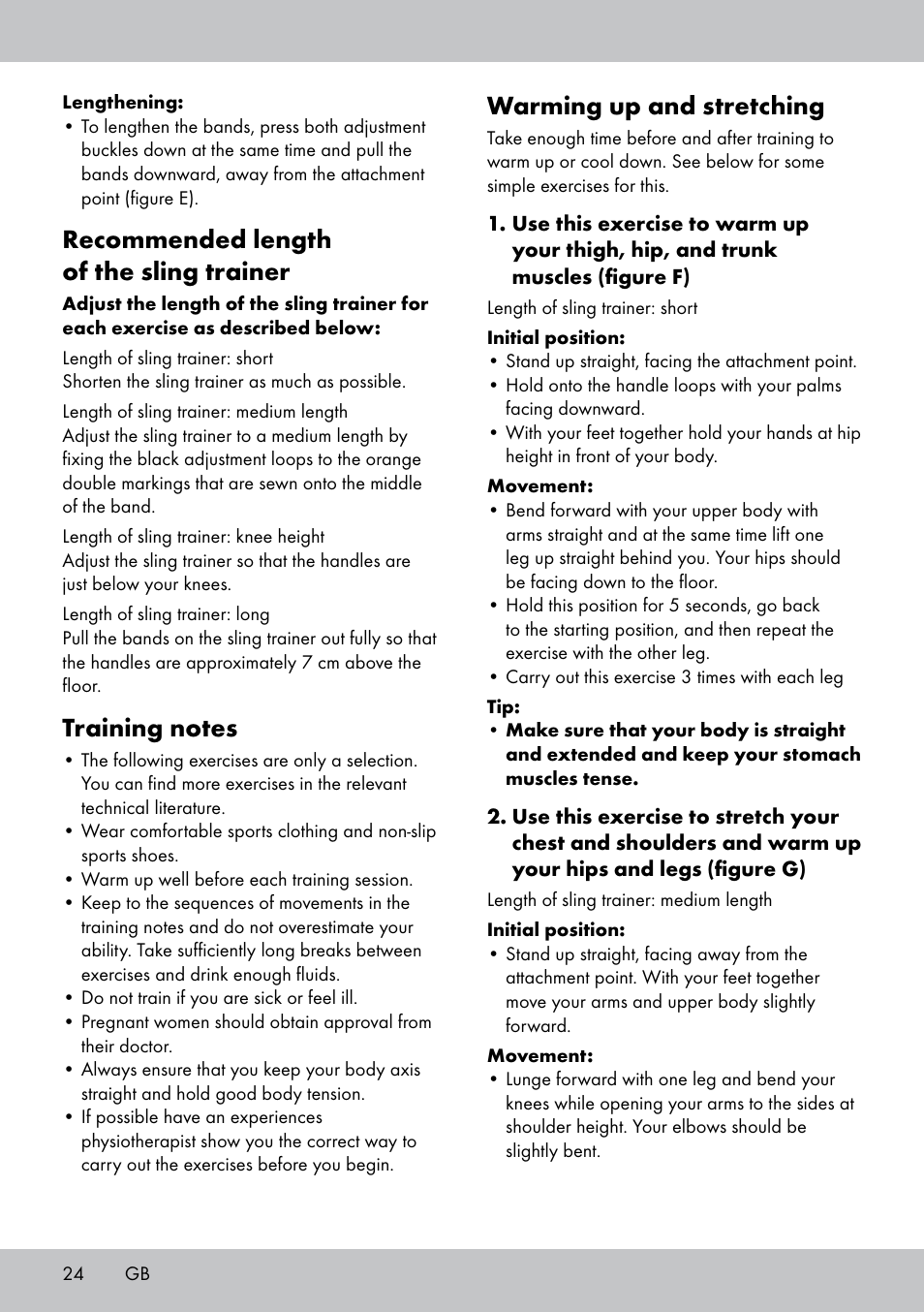 Recommended length of the sling trainer, Warming up and stretching | Crivit ST-1744 User Manual | Page 24 / 44