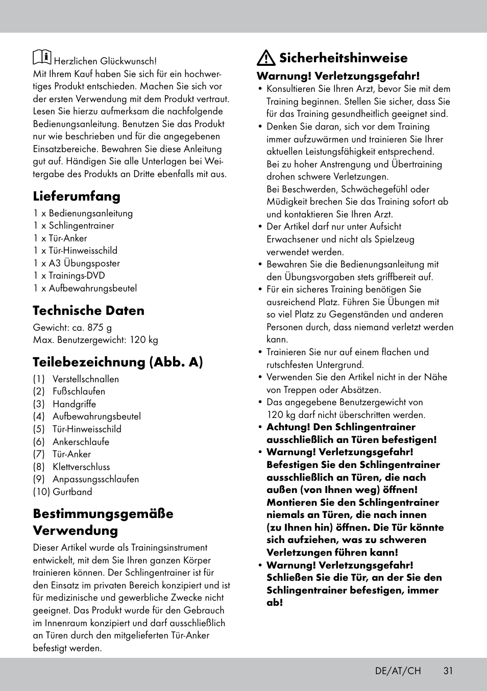 Lieferumfang, Technische daten, Teilebezeichnung (abb. a) | Bestimmungsgemäße verwendung, Sicherheitshinweise | Crivit ST-1744 User Manual | Page 31 / 44