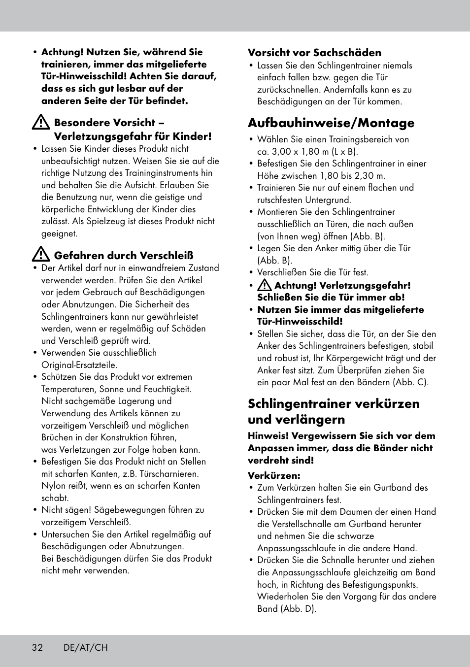 Aufbauhinweise/montage, Schlingentrainer verkürzen und verlängern | Crivit ST-1744 User Manual | Page 32 / 44