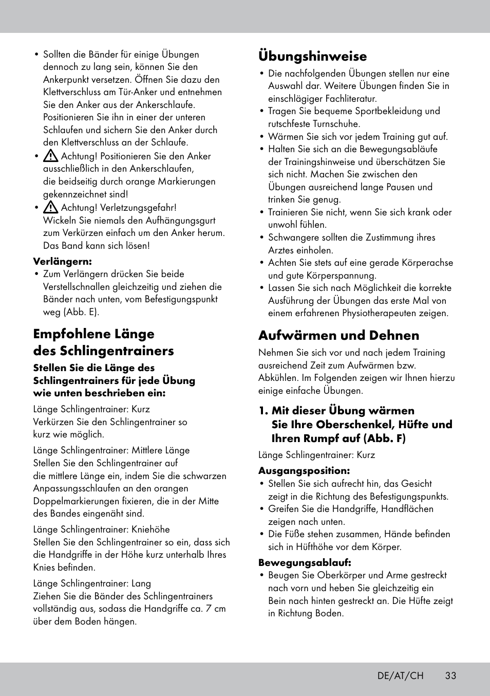 Empfohlene länge des schlingentrainers, Übungshinweise, Aufwärmen und dehnen | Crivit ST-1744 User Manual | Page 33 / 44