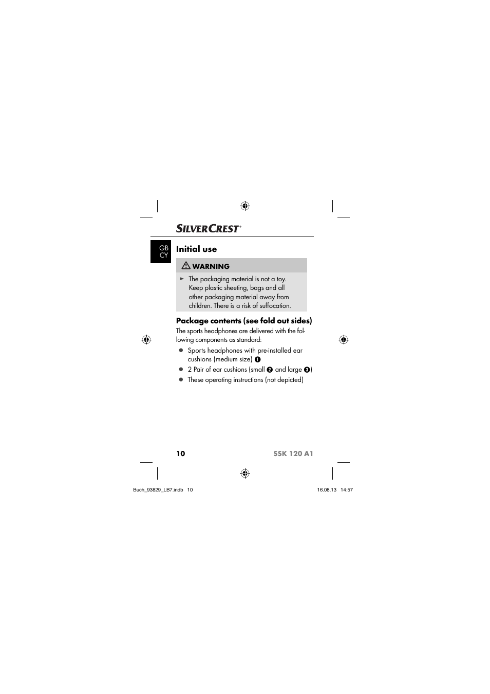 Initial use, Package contents (see fold out sides) | Crivit SSK 120 A1 User Manual | Page 13 / 113