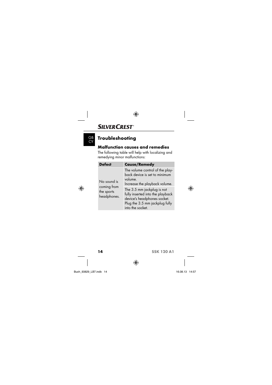 Troubleshooting, Malfunction causes and remedies | Crivit SSK 120 A1 User Manual | Page 17 / 113