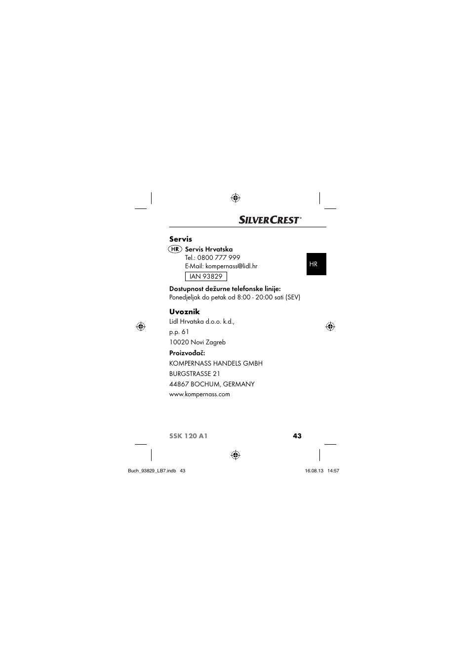 Servis, Uvoznik | Crivit SSK 120 A1 User Manual | Page 46 / 113