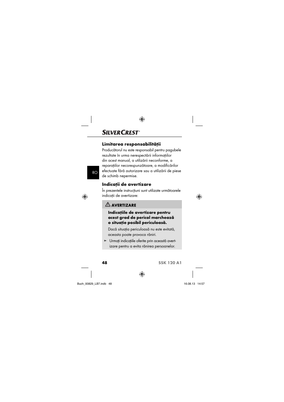 Limitarea responsabilităţii, Indicaţii de avertizare | Crivit SSK 120 A1 User Manual | Page 51 / 113