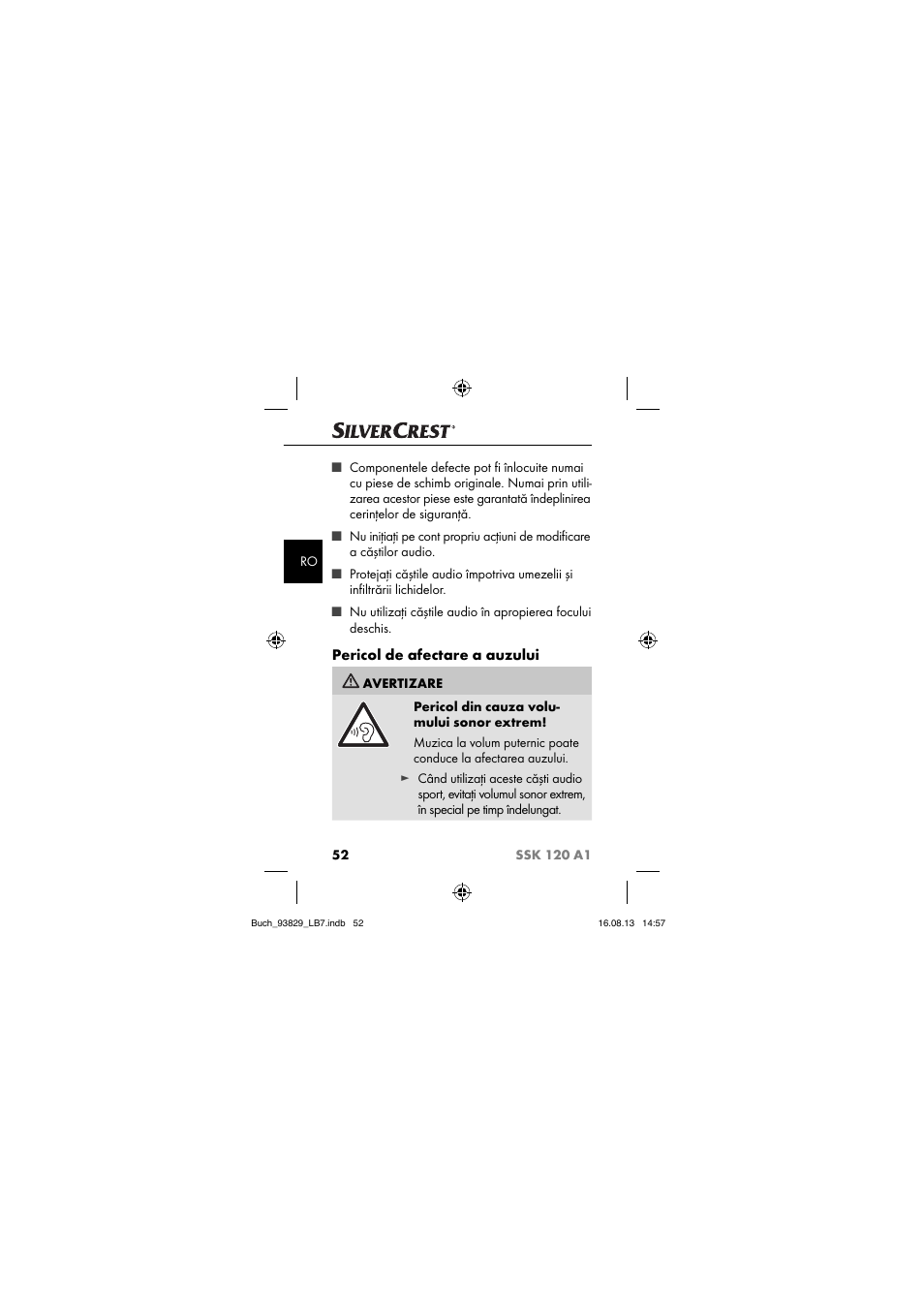 Pericol de afectare a auzului | Crivit SSK 120 A1 User Manual | Page 55 / 113