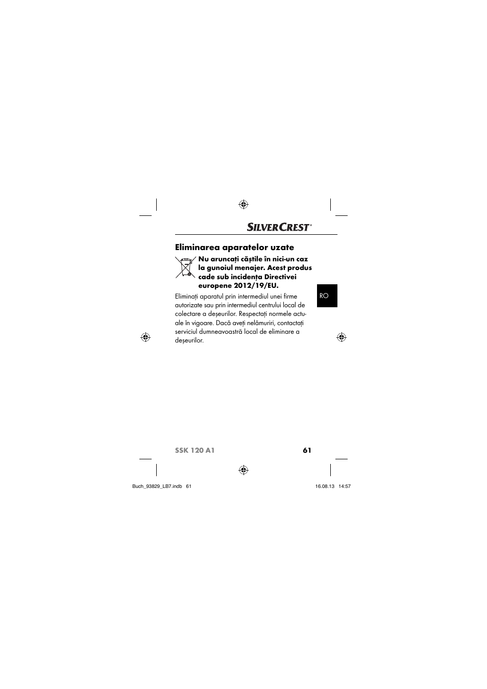 Eliminarea aparatelor uzate | Crivit SSK 120 A1 User Manual | Page 64 / 113