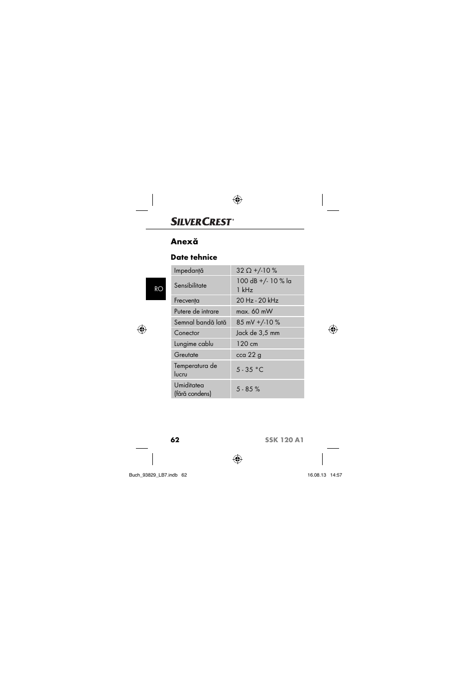 Anexă, Date tehnice | Crivit SSK 120 A1 User Manual | Page 65 / 113