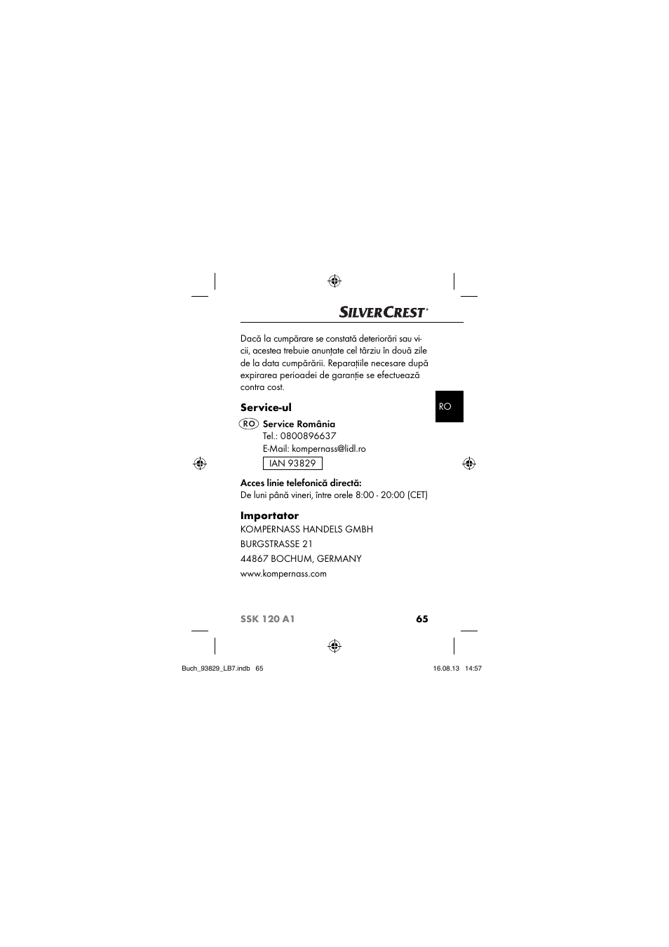 Service-ul, Importator | Crivit SSK 120 A1 User Manual | Page 68 / 113