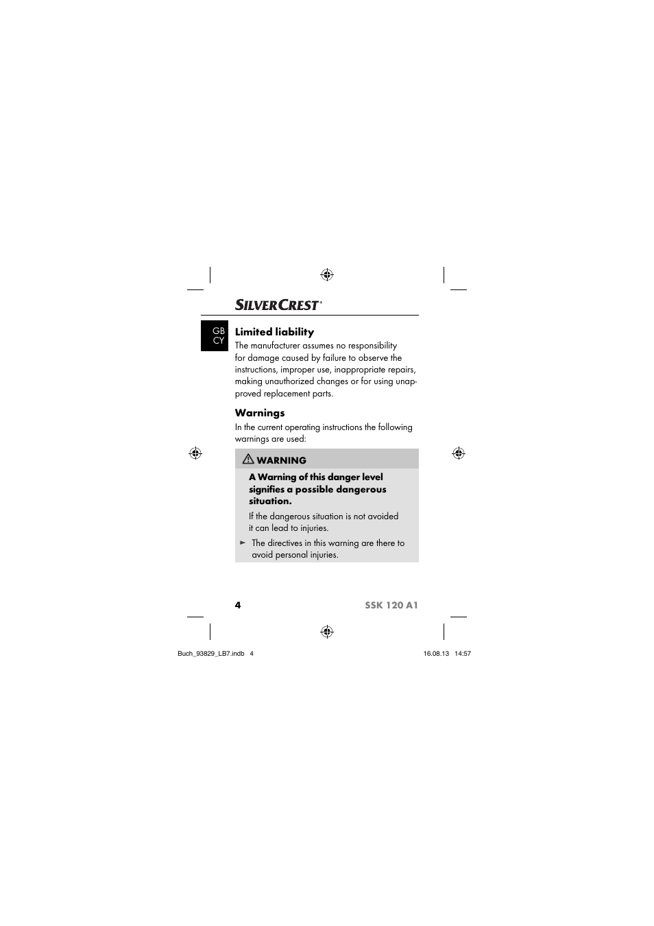 Limited liability, Warnings | Crivit SSK 120 A1 User Manual | Page 7 / 113