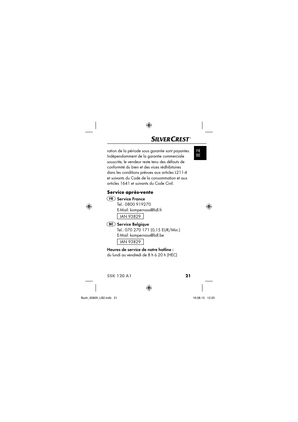 Service après-vente | Crivit SSK 120 A1 User Manual | Page 24 / 69