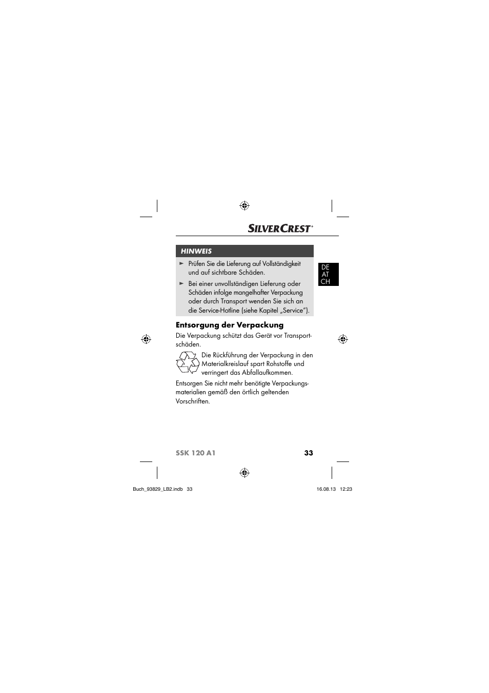 Entsorgung der verpackung | Crivit SSK 120 A1 User Manual | Page 36 / 69