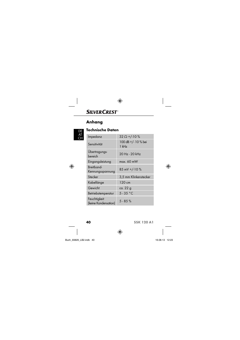 Anhang, Technische daten | Crivit SSK 120 A1 User Manual | Page 43 / 69