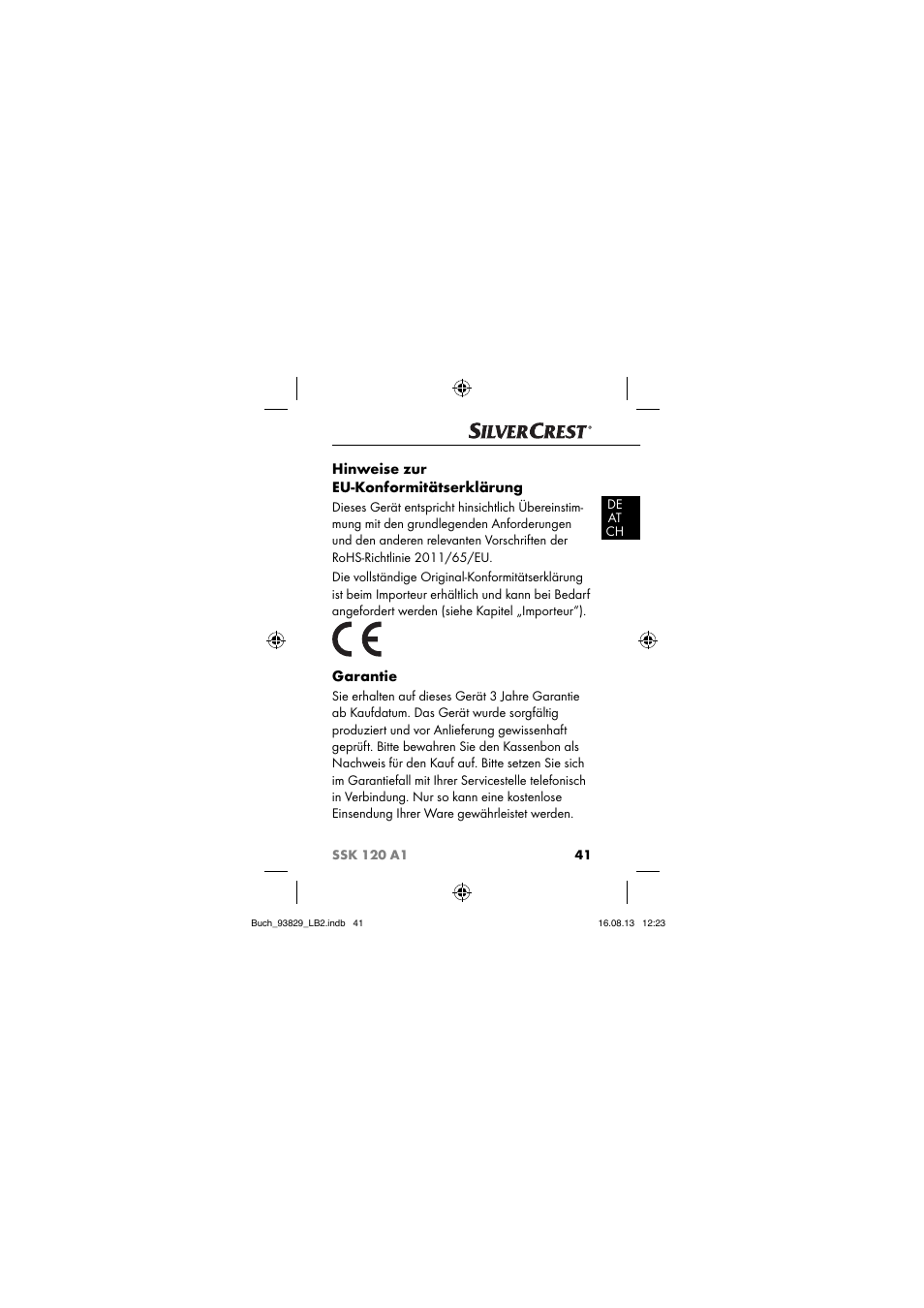 Hinweise zur eu-konformitätserklärung, Garantie | Crivit SSK 120 A1 User Manual | Page 44 / 69