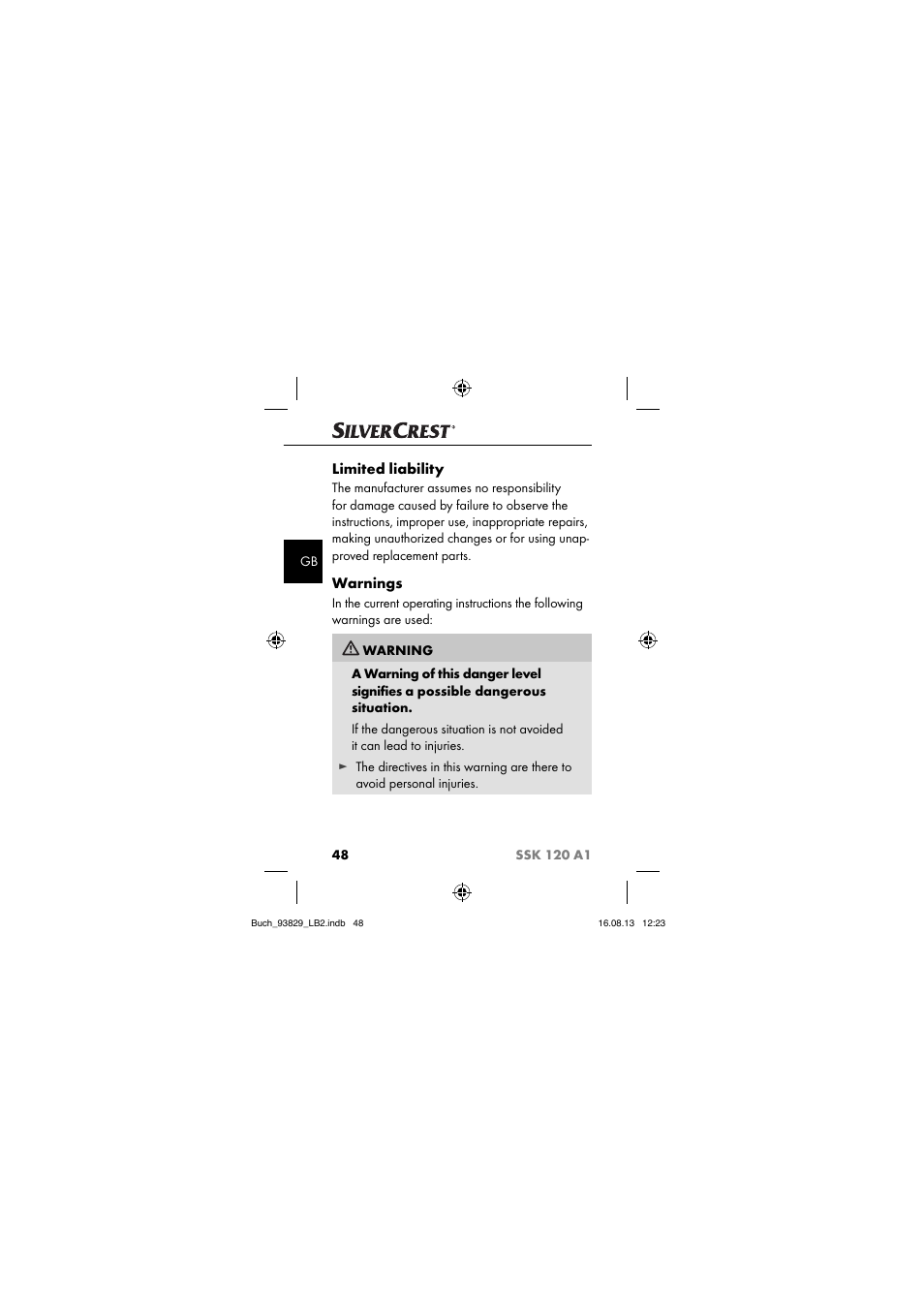 Limited liability, Warnings | Crivit SSK 120 A1 User Manual | Page 51 / 69
