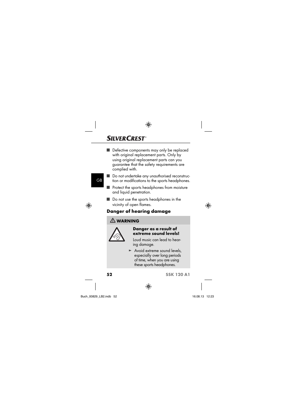 Danger of hearing damage | Crivit SSK 120 A1 User Manual | Page 55 / 69