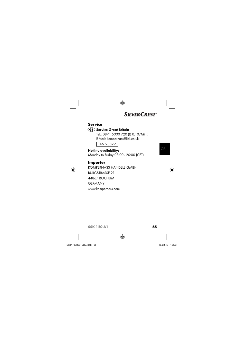 Service, Importer | Crivit SSK 120 A1 User Manual | Page 68 / 69
