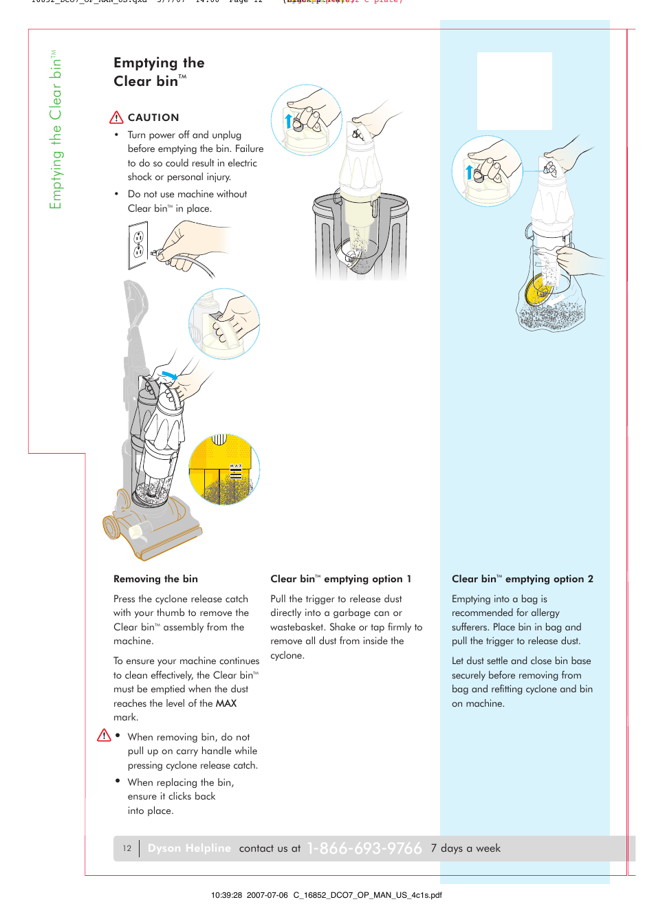 Emptying the clear bin | DYSON DC07 User Manual | Page 12 / 20