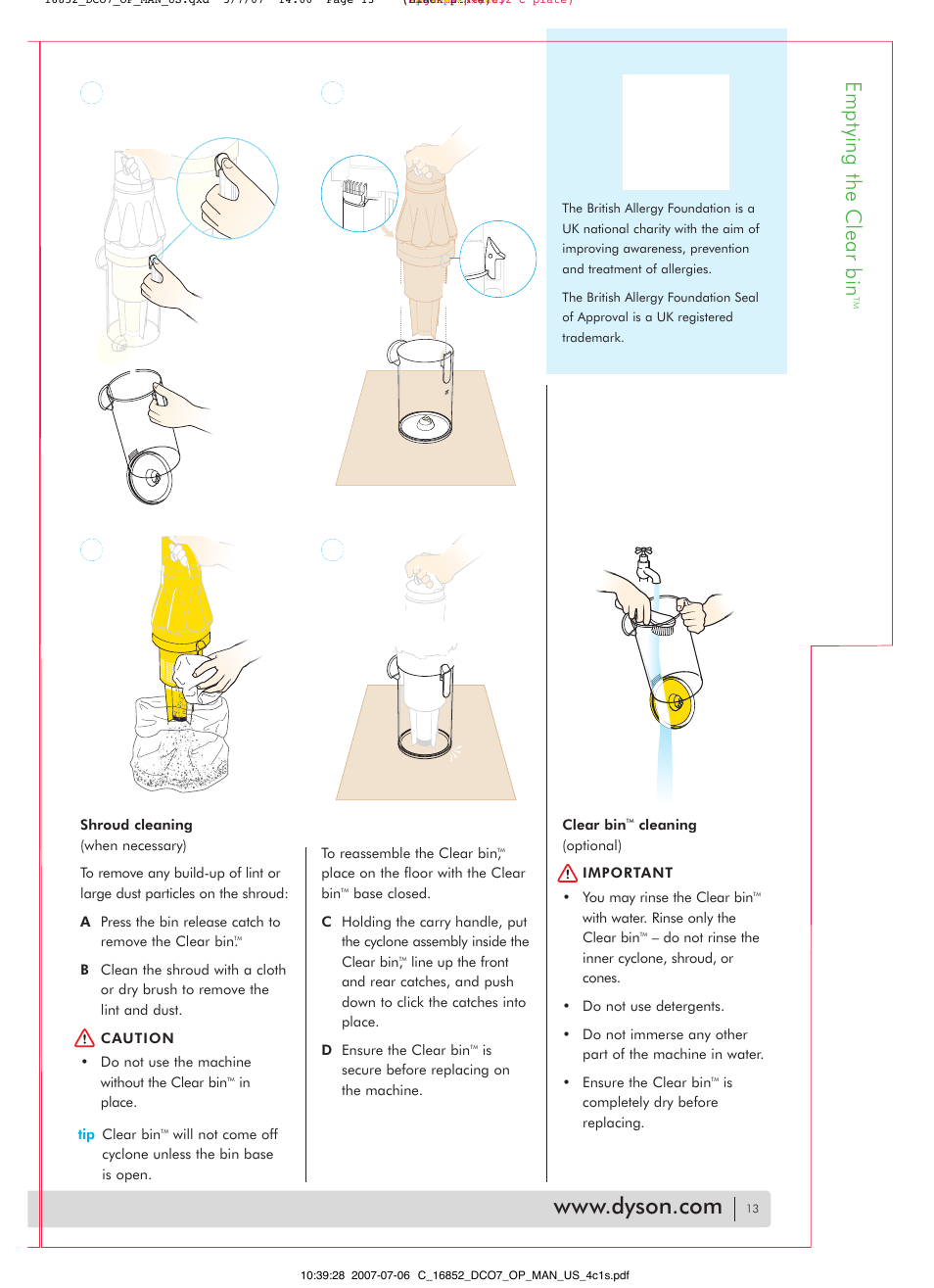 Emptying the clear bin | DYSON DC07 User Manual | Page 13 / 20