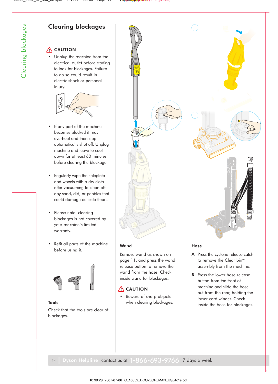 Clearing blockages | DYSON DC07 User Manual | Page 14 / 20