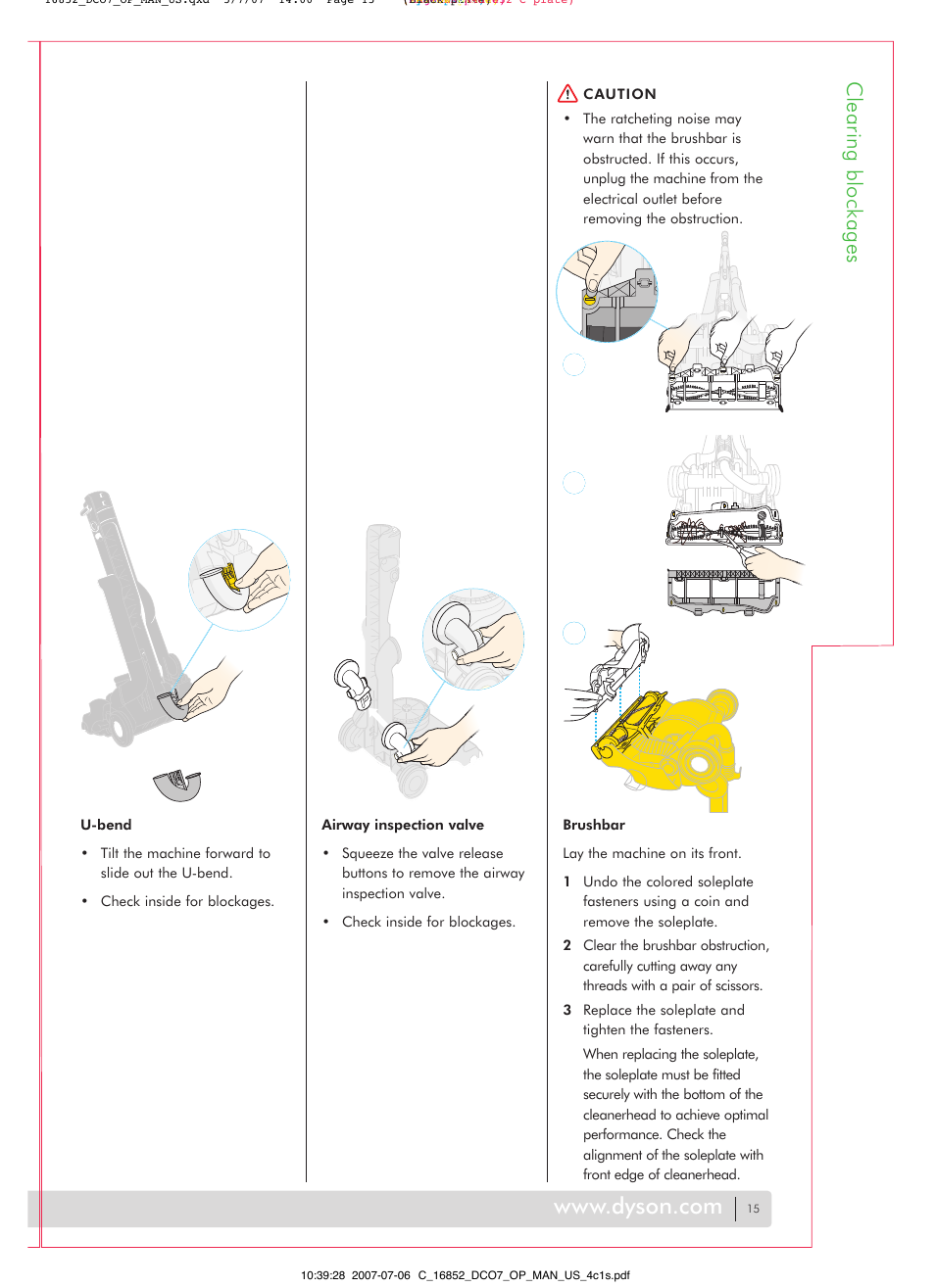 Clearing blockages | DYSON DC07 User Manual | Page 15 / 20