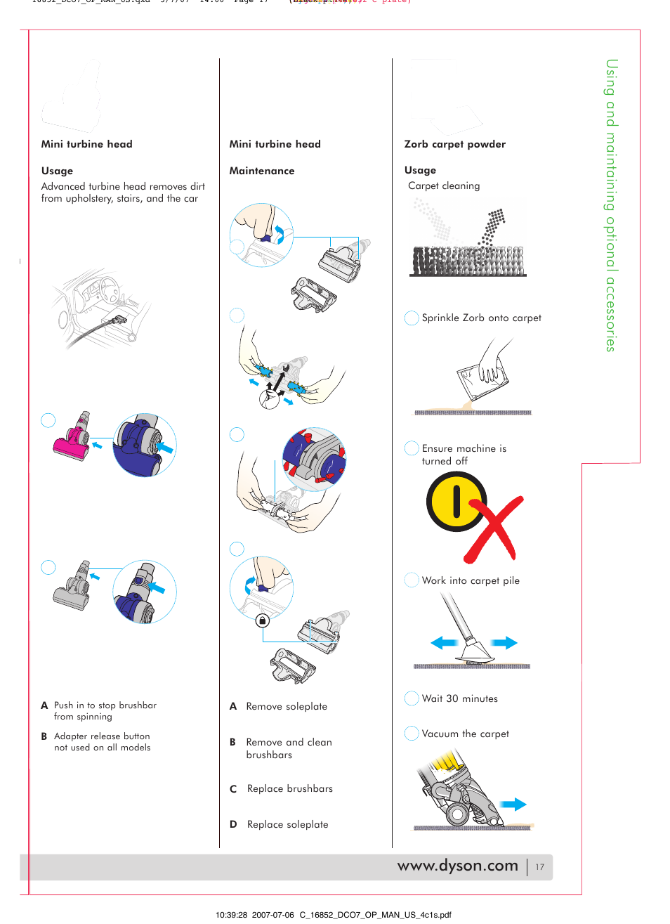 Using and maintaining optional accessories | DYSON DC07 User Manual | Page 17 / 20