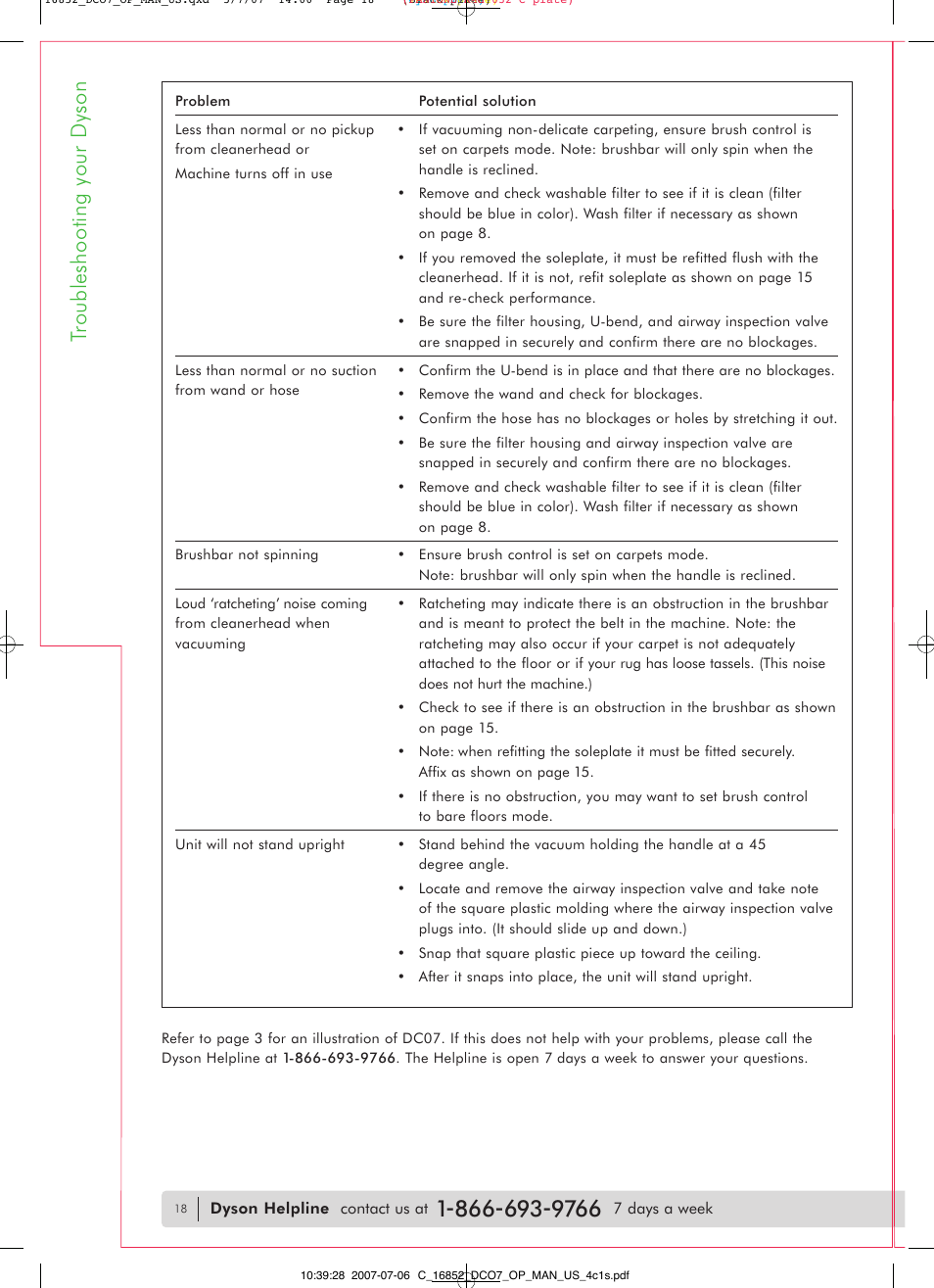 Troubleshooting your dyson | DYSON DC07 User Manual | Page 18 / 20