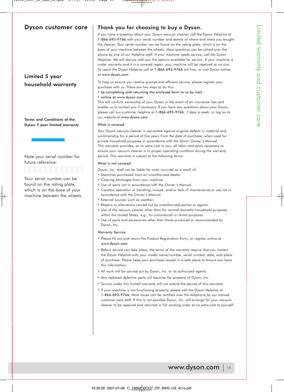 Limited warranty and customer care, Dyson customer care, Limited 5 year household warranty | DYSON DC07 User Manual | Page 19 / 20