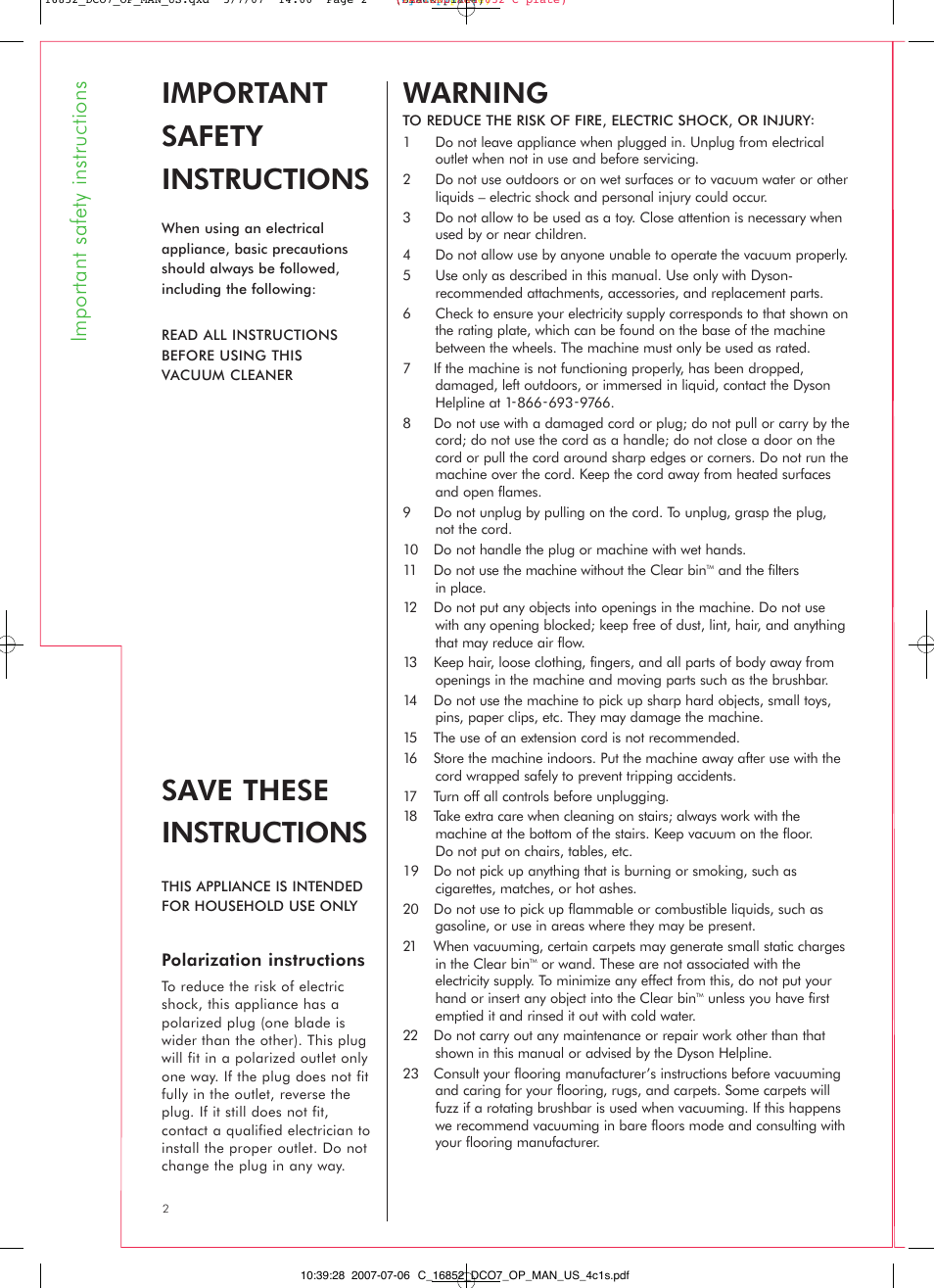 Warning, Save these instructions, Important safety instructions | DYSON DC07 User Manual | Page 2 / 20