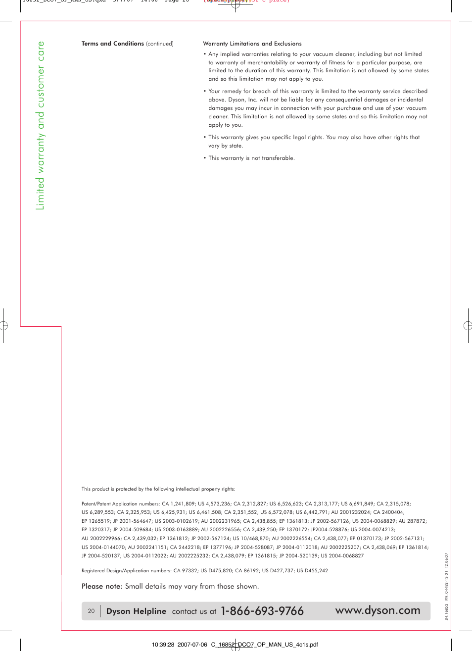 Limited warranty and customer care, Dyson helpline contact us at | DYSON DC07 User Manual | Page 20 / 20