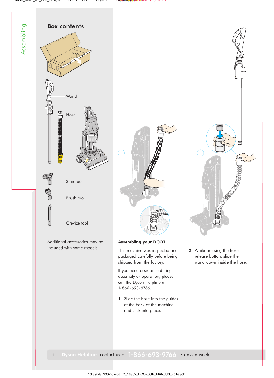 Assembling, Box contents | DYSON DC07 User Manual | Page 4 / 20