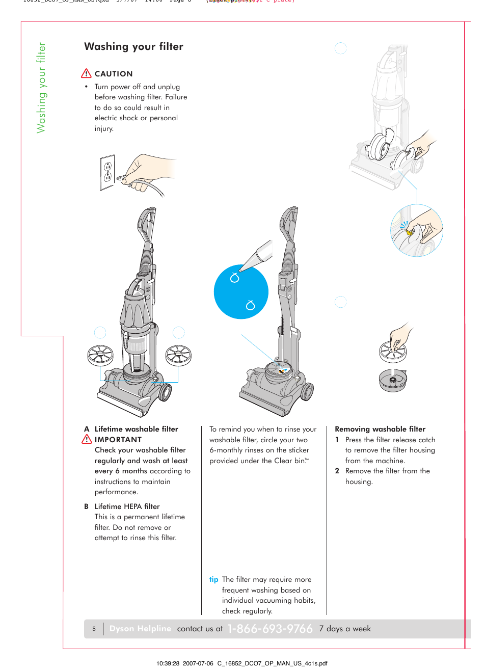 Washing your filter | DYSON DC07 User Manual | Page 8 / 20