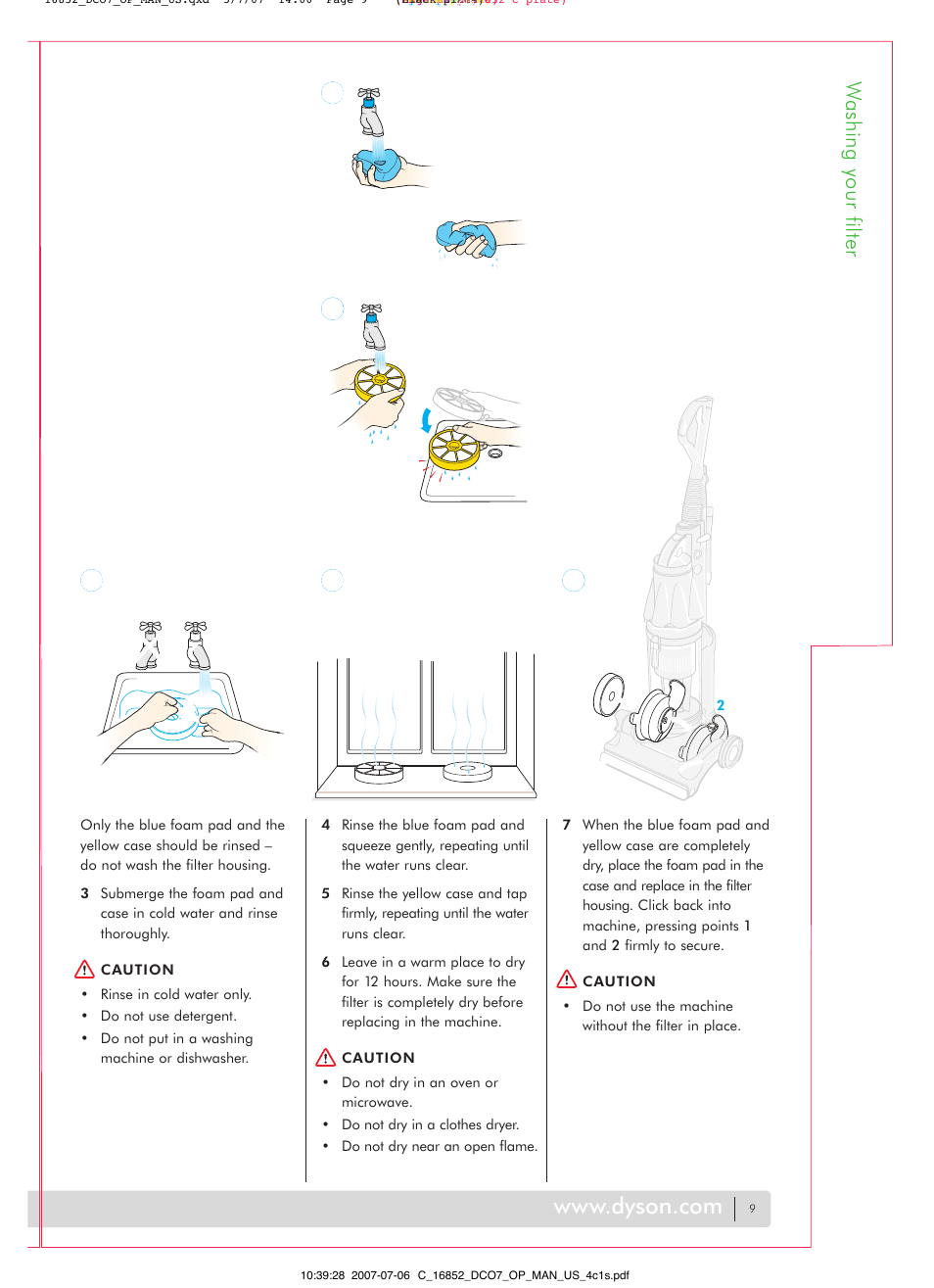 Washing your filter | DYSON DC07 User Manual | Page 9 / 20
