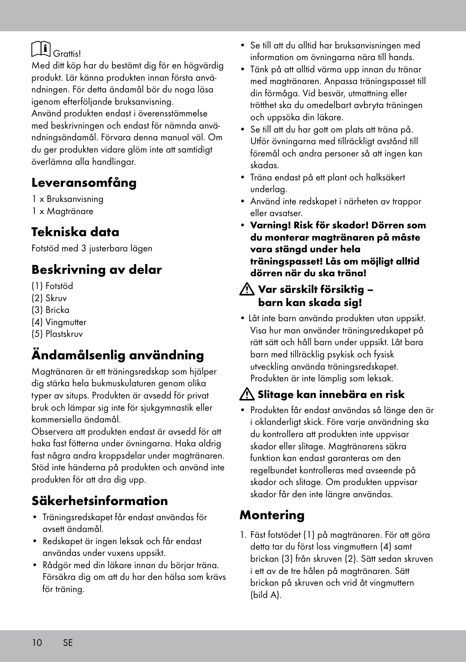 Leveransomfång, Tekniska data, Beskrivning av delar | Ändamålsenlig användning, Säkerhetsinformation, Montering | Crivit Sit Up Trainer Situp User Manual | Page 10 / 24